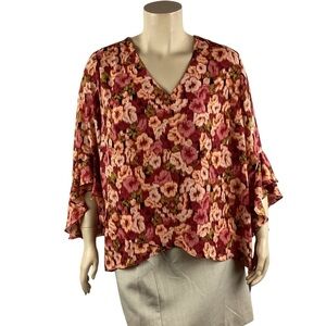 Vince Camuto 2X Rose Clay Floral Blouse Bell Sleeve Chiffon V-Neck Pink Red